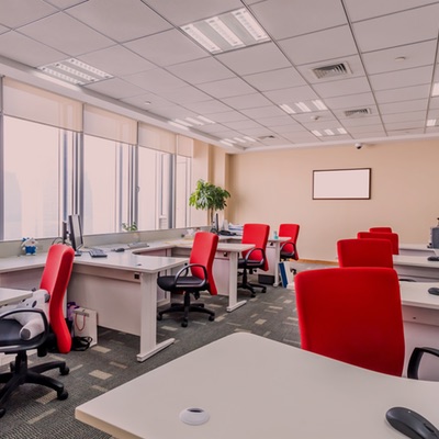 Office Setting with Red Chairs